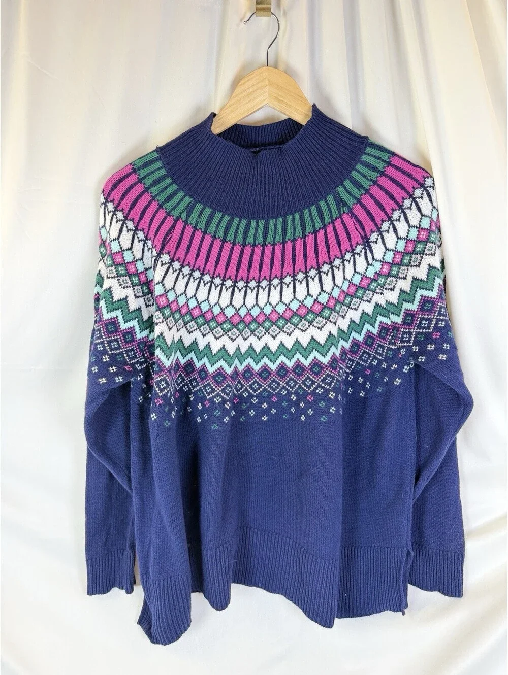 Crown & Ivy Fair Isle Mock Neck Sweater Navy Pink Green White Women's M Oversize